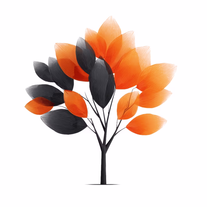 Illustratie van een boom met oranje en donkergrijze bladeren voor het thema verandering en groei bij FlowTogether